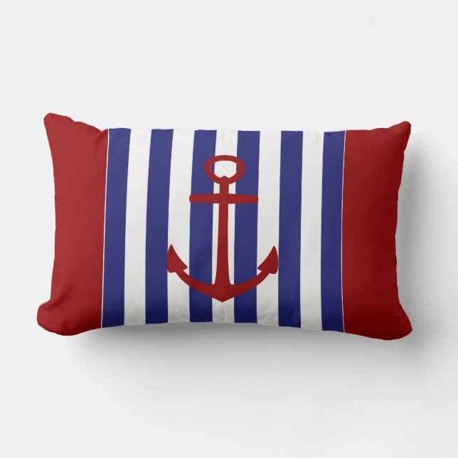 Nautical Blue and White Stripes with Red Anchor Lumbar Pillow (Front)