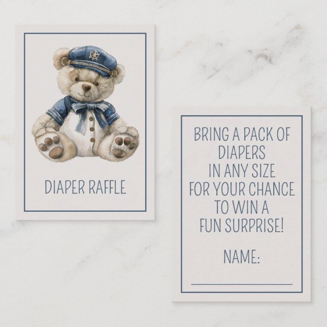 Nautical Blue Baby Bear Diaper Raffle Enclosure Card (Front/Back)