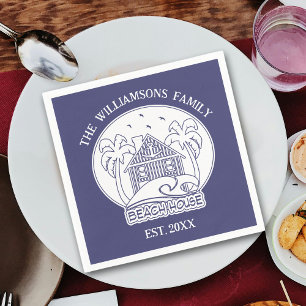 Nautical Blue Beach House White Family Name Anchor Napkin