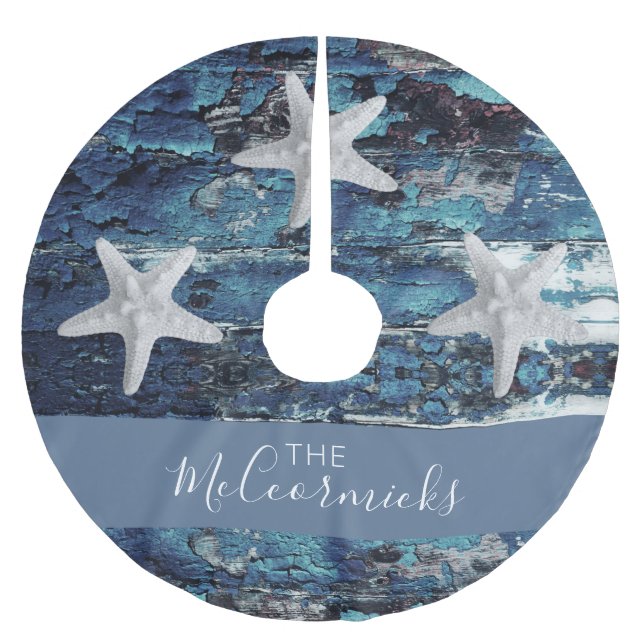 Nautical Blue Beach Rustic Starfish Family Name Brushed Polyester Tree Skirt (Front)