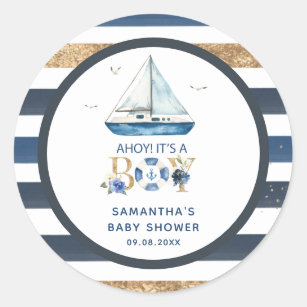 Nautical Blue Boat Ahoy It's a Boy Shower Favour Classic Round Sticker