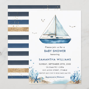 Nautical Blue Boat Baby Shower Invitation