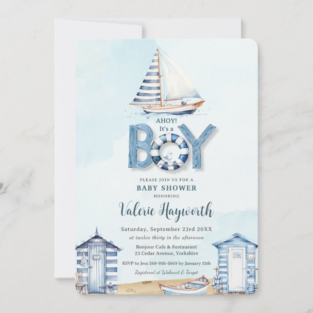 Nautical Blue Boat Beach Huts Boy Baby Shower Invitation (Front)