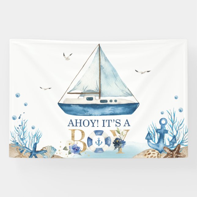 Nautical Blue Boat Boy Baby Shower Ahoy It's a Boy Banner (Horizontal)