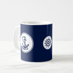 Nautical Blue Coffee Mug, Anchor And Ship's Wheel Coffee Mug