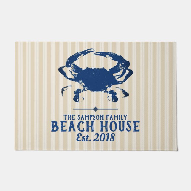 Nautical Blue Crab & Stripes Beach House Doormat (Front)