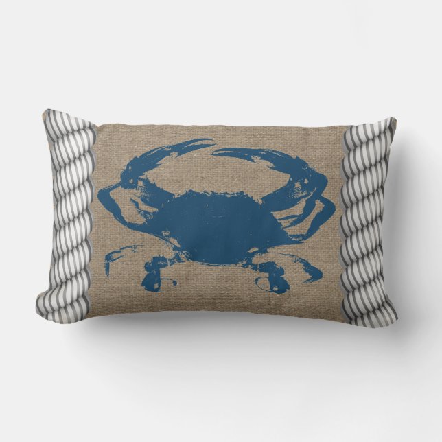 Nautical Blue Crab White Ropes Lumbar Pillow (Front)