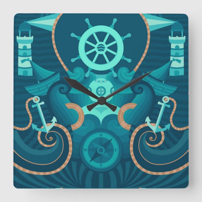 Nautical Blue Design Square Wall Clock (Front)