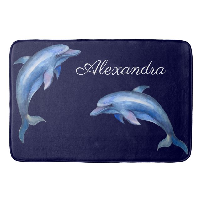 Nautical  Blue Dolphin Watercolor White Wood Name Bath Mat (Front)