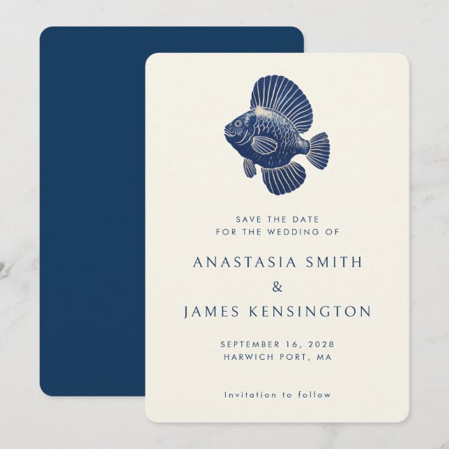 Nautical Blue Fish Stylish Modern Ocean Wedding Invitation (Front/Back)