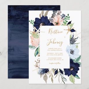 Nautical Blue Floral Gold Starfish Script Wedding Invitation