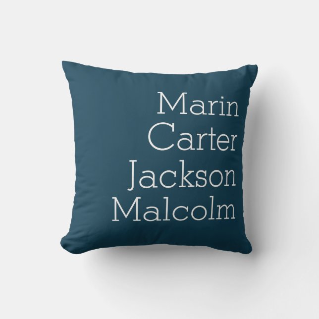 Nautical Blue Four Kids Names Personalized Family Throw Pillow (Front)