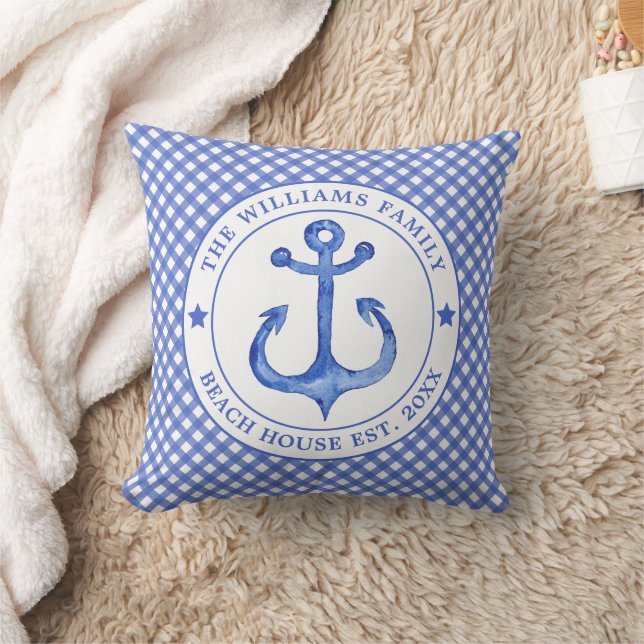 Nautical Blue Gingham Pattern - Family Beach House Throw Pillow (Blanket)