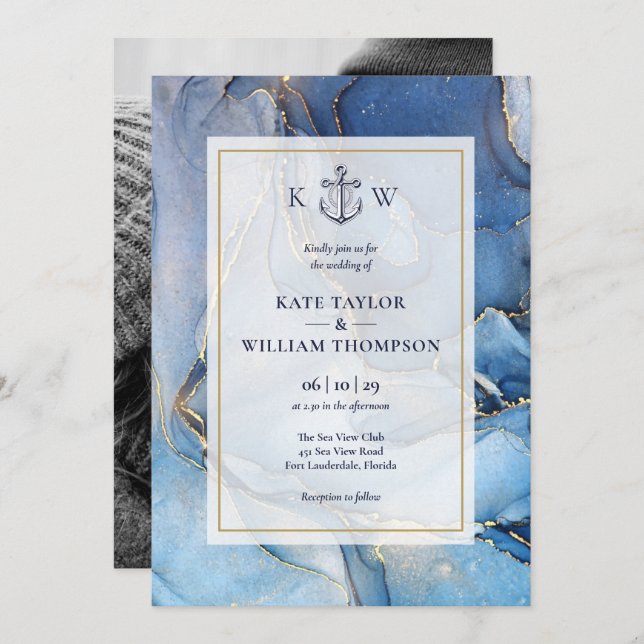 Nautical Blue Gold Agate Monogram Wedding Photo Invitation (Front/Back)
