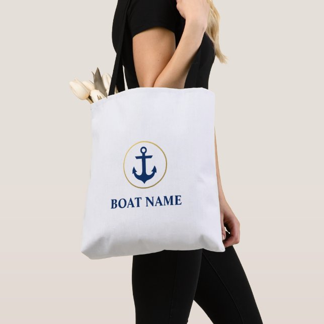 Nautical Blue Gold Anchor Boat Name White Tote Bag (Close Up)