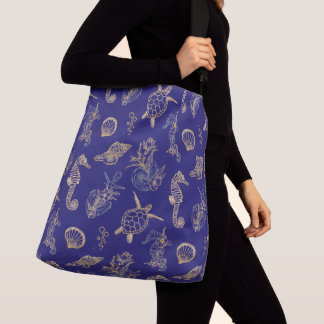 Nautical Blue & Gold Luxe Coastal Sea Life Crossbody Bag