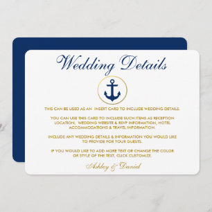 Nautical Blue Gold Wedding Details Insert Invitation