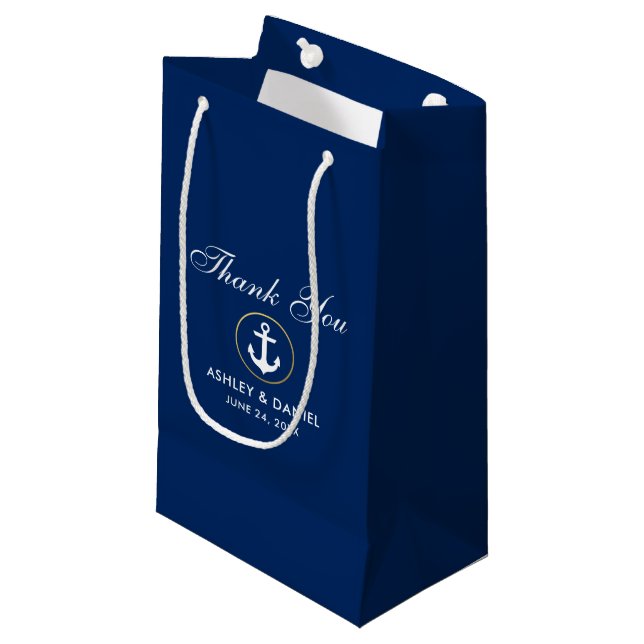 Nautical Blue Gold Wedding Thank You Small Gift Bag (Front Angled)