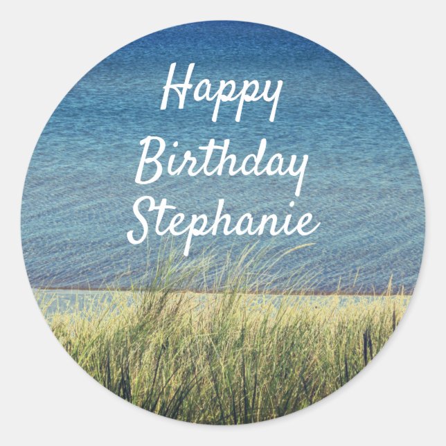 Nautical Blue Happy Birthday Beach Landscape Cute Classic Round Sticker (Front)