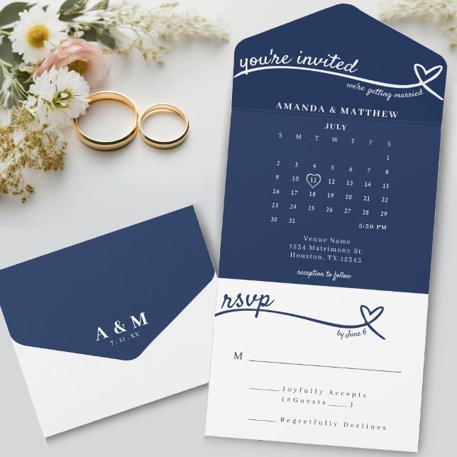 Nautical Blue Heart Monogram Calendar Wedding  All In One Invitation (Nautical Blue Heart Monogram Calendar Wedding All In One Invitation
)