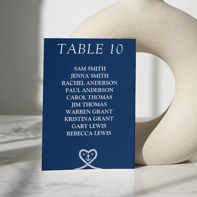 Nautical Blue Heart Monogram Wedding Seating Chart Table Number (Nautical Blue Heart Monogram Wedding Seating Chart Table Number)