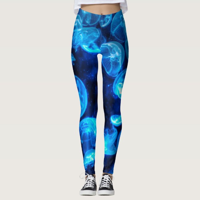 Nautical Blue Jellyfish Marine Life Leggings (Front)