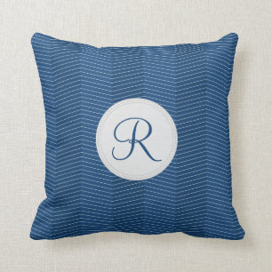 Nautical Blue Monogram Thin Chevron Pattern Throw Pillow