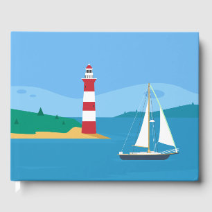 Nautical Blue Ocean, Lighthouse, Sailboat Wedding Guest Book