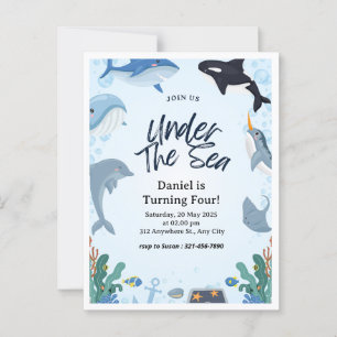 Nautical Blue Ocean Under Sea Dolphin Birthday Postcard