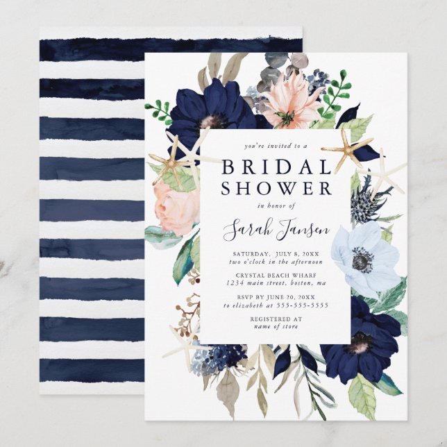 Nautical Blue Pink Watercolor Floral Bridal Shower Invitation (Front/Back)