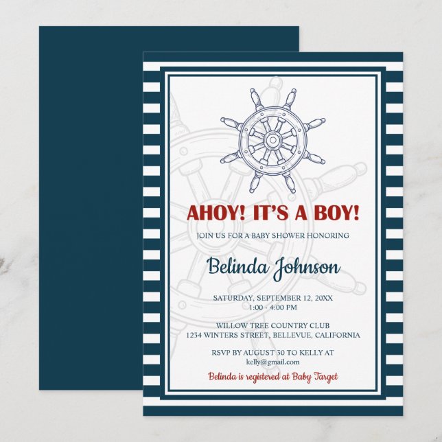 Nautical Blue & Red Baby Shower Invitation (Front/Back)