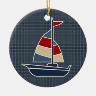 Nautical Blue, Red, Cream Sailboat Custom Ceramic Ornament