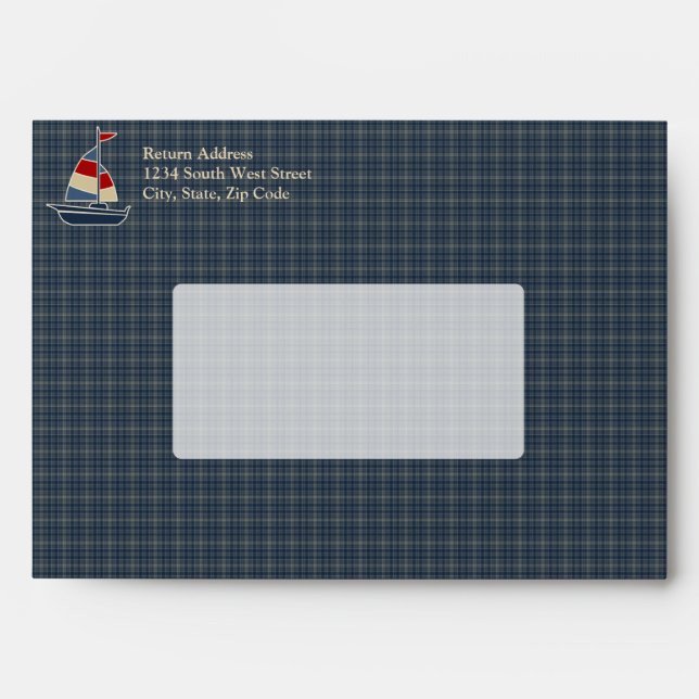 Nautical Blue, Red, Cream Sailboat Custom Envelopes (Front)