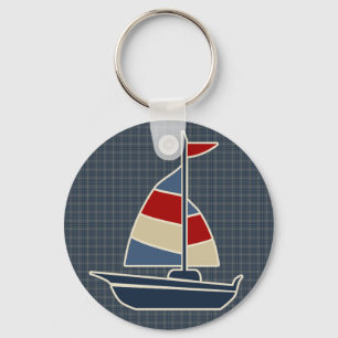 Nautical Blue, Red, Cream Sailboat Custom Keychain