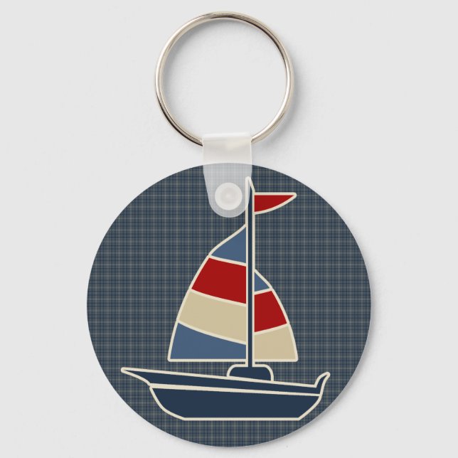 Nautical Blue, Red, Cream Sailboat Custom Keychain (Front)