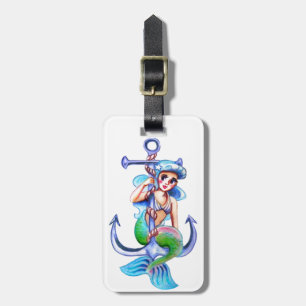Nautical Blue Retro Mermaid Lady Luggage Tag
