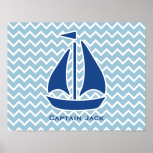 Nautical Blue Sail Boat and Chevron Personalized Poster