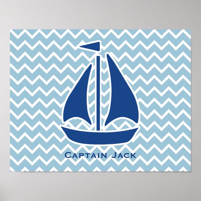 Nautical Blue Sail Boat and Chevron Personalized Poster (Front)