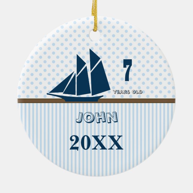 Nautical Blue Sail Boat Stripes Your Photo Ceramic Ornament (Back)
