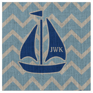 Nautical Blue Sailboat and Chevron Personalized Fabric
