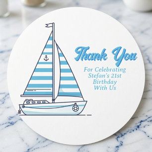 Nautical Blue Sailboat Birthday Classic Round Sticker