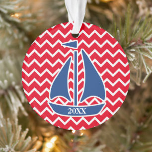 Nautical Blue Sailboat Custom Chevron pattern Ornament