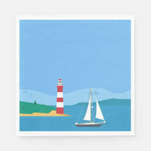 Nautical Blue Sailboat & Lighthouse Wedding Party Napkin