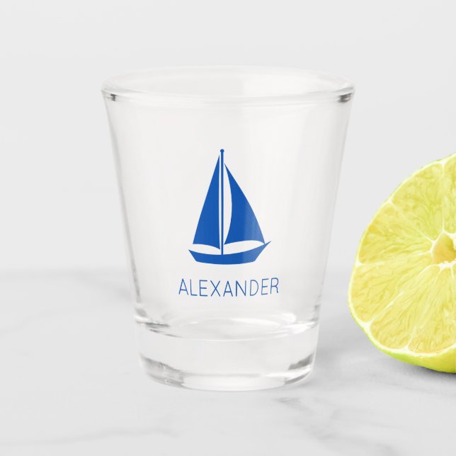 Nautical Blue Sailboat Personalized Shot Glass (Front)