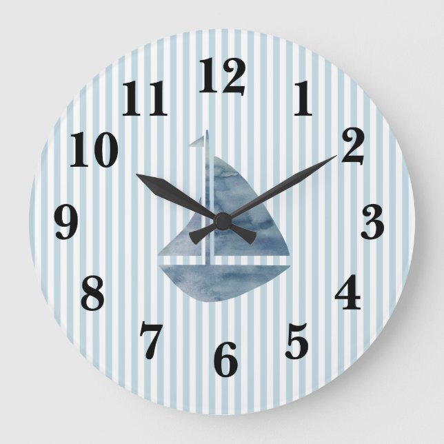 Nautical Blue Sailboat Stripe Preppy Large Clock (Front)