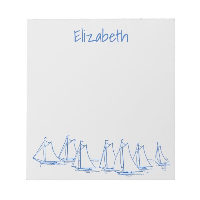 Nautical Blue Sailboats on Grey Personalized Notepad (Front)