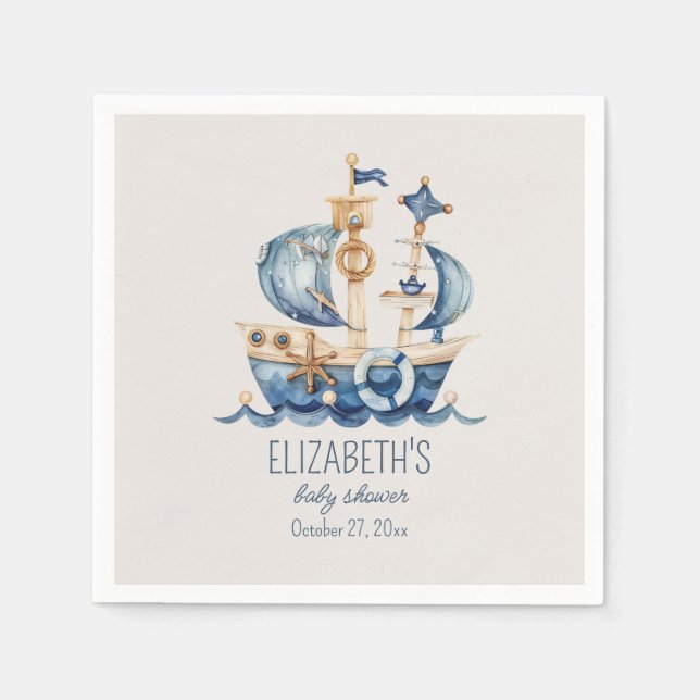 Nautical Blue Sailing Ship Baby Shower Napkin (Front)