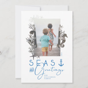Nautical Blue Seas & Greetings Ocean Photo Frame Holiday Card