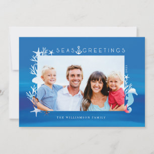 Nautical Blue Seas & Greetings Ocean Photo Frame Holiday Card