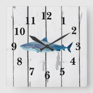 Nautical Blue Shark Shiplap Rustic Decor Square Wall Clock